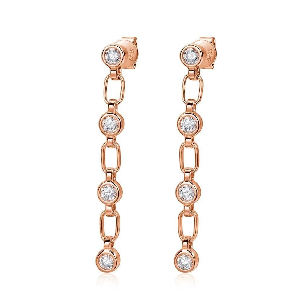 Bee-Bee's rose gold plated sterling silver chain tassel earrings with 3mm moissanite stones.