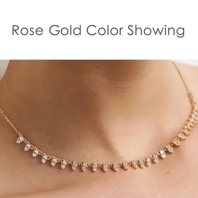 Bee-Bees rose gold 2mm moissanite tennis necklace with 3-claw setting and GRA certificate.