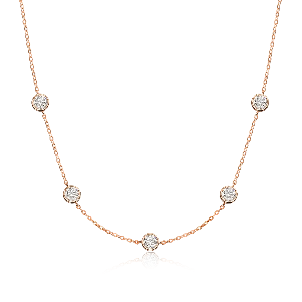 Bee-Bees rose gold plated 925 silver necklace with five round brilliant cut moissanite stones.