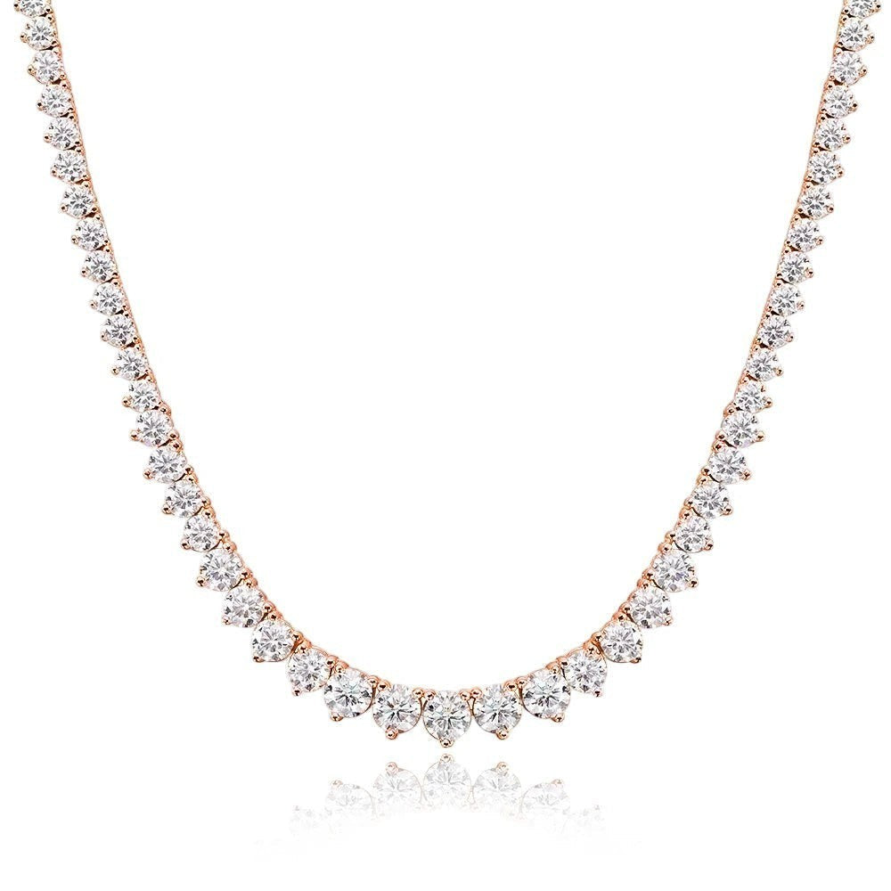 Bee-Bee's rose gold plated silver triple-claw tennis necklace with round cut moissanite stones.