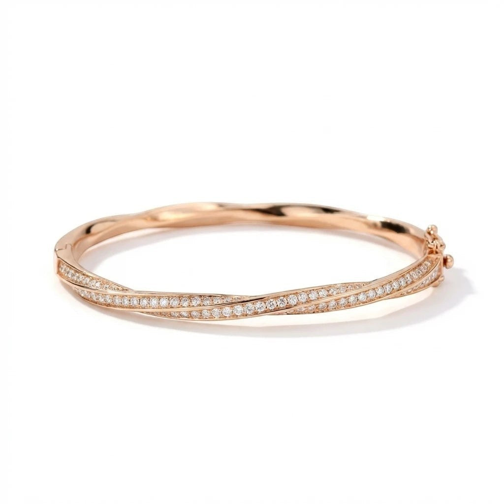 Bee-Bees rose gold twisted bangle bracelet with D VVS1 Moissanite stones and hidden clasp.