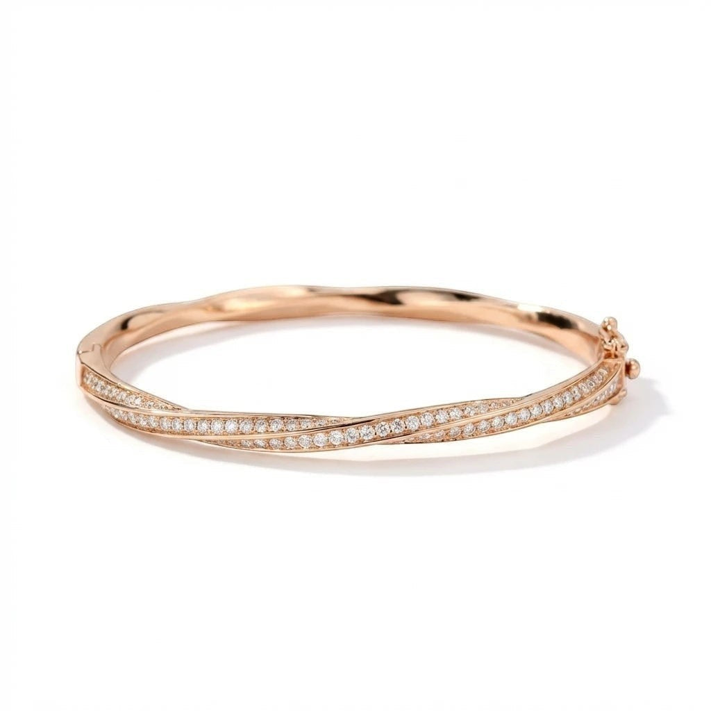 Bee-Bees rose gold twisted bangle bracelet with D VVS1 Moissanite stones and hidden clasp.