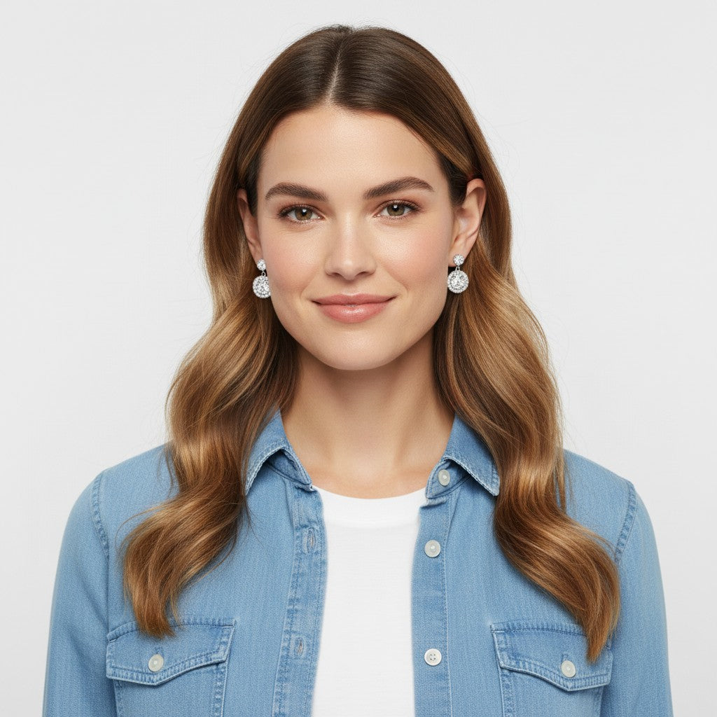 Bee-Bees 1ct round cut moissanite drop earrings in S925 silver worn by a woman with long wavy hair
