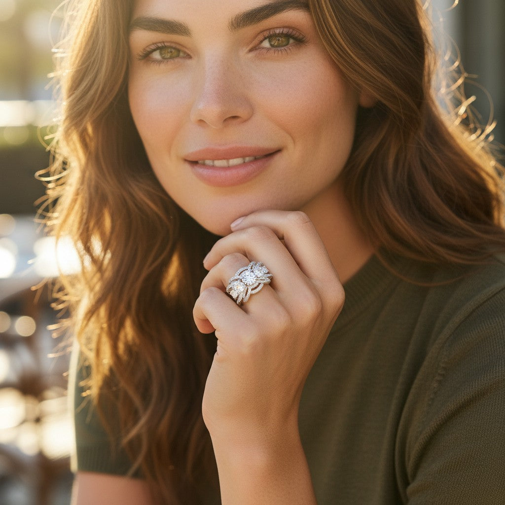 Bee-Bees 1CT round cut moissanite engagement ring in sterling silver worn by a woman with a soft smile.