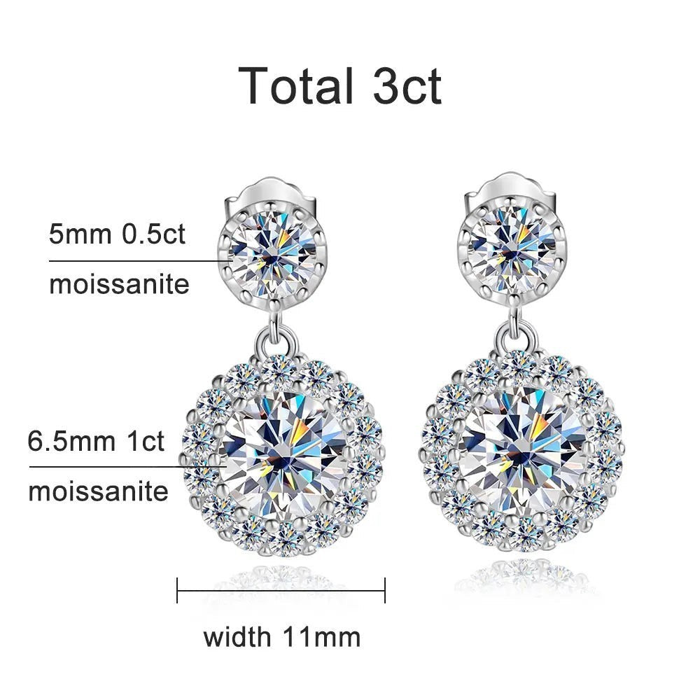 Bee-Bees 1ct round cut moissanite drop earrings with halo setting in S925 silver.