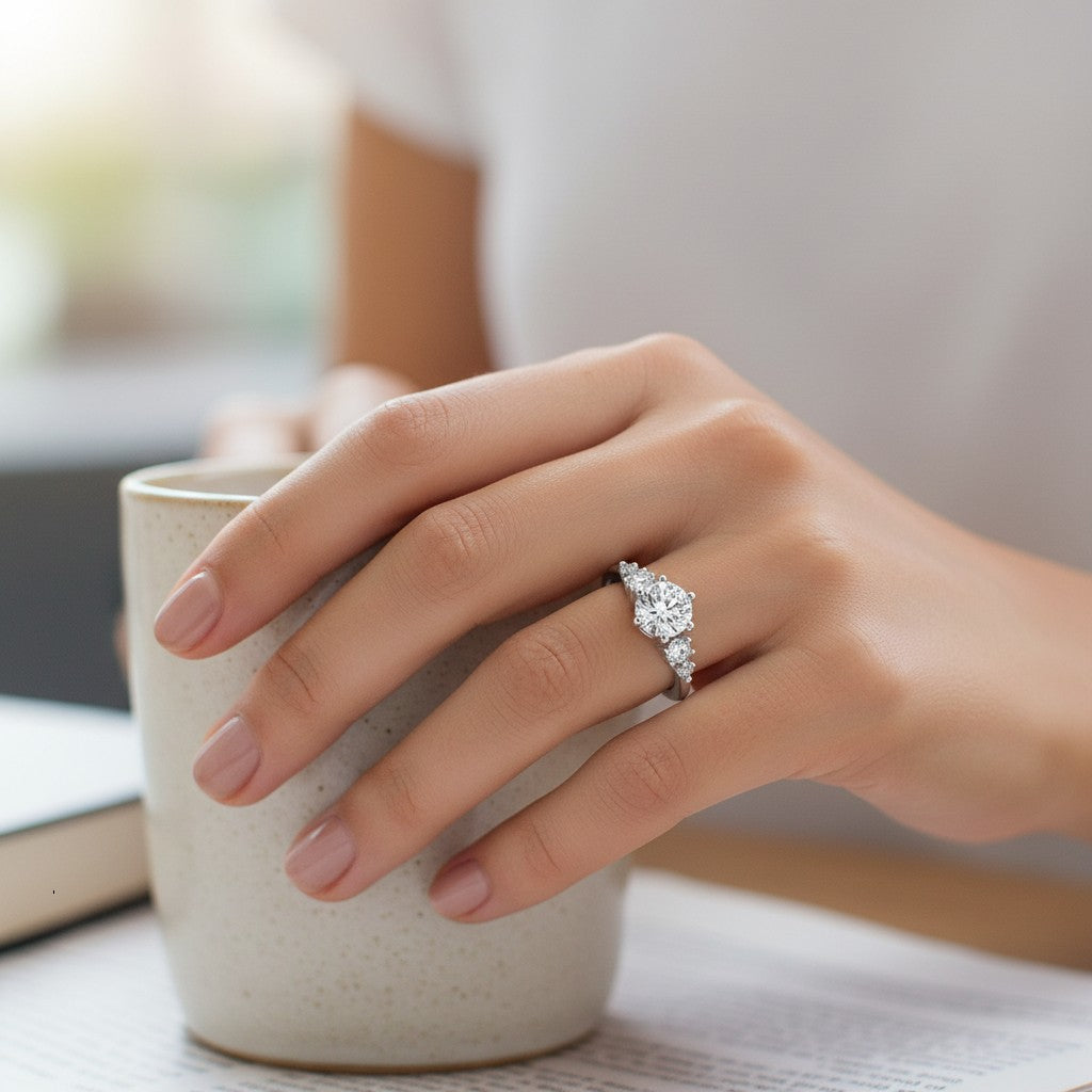 Bee-Bees 1ct round moissanite solitaire engagement ring in s925 sterling silver worn on a woman's hand
