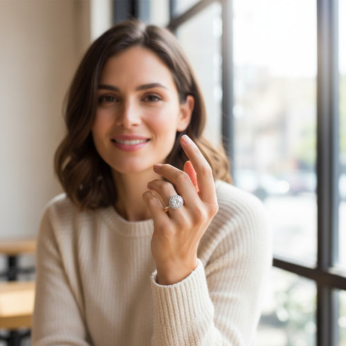 A woman wearing a Bee-Bees 1ct round moissanite solitaire engagement ring set in 925 sterling silver with white gold plating.