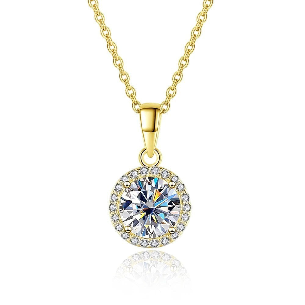Bee-Bees 1ct round moissanite halo necklace in 18k white gold plated sterling silver with GRA certificate.