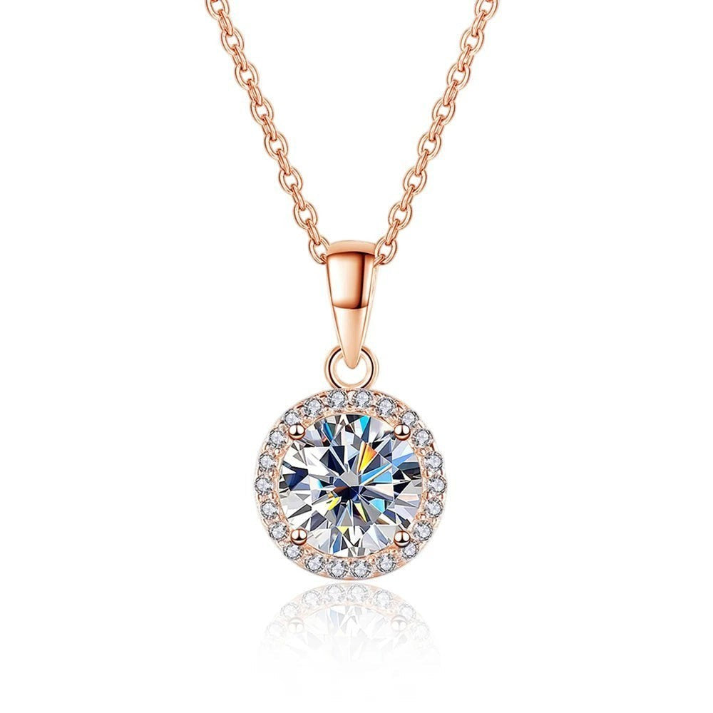 Bee-Bees 1ct round moissanite solitaire necklace with halo, 18k white gold plated 925 sterling silver, D color VVS1 clarity, GRA certified.