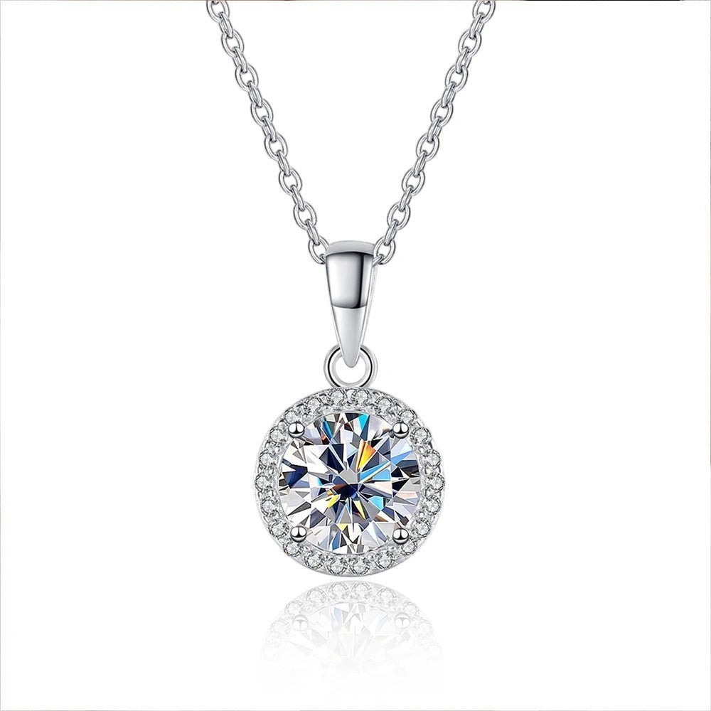 Bee-Bees 1ct round D color VVS1 moissanite necklace in 925 sterling silver with halo setting.