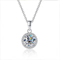 Bee-Bees 1ct round D color VVS1 moissanite necklace in 925 sterling silver with halo setting.