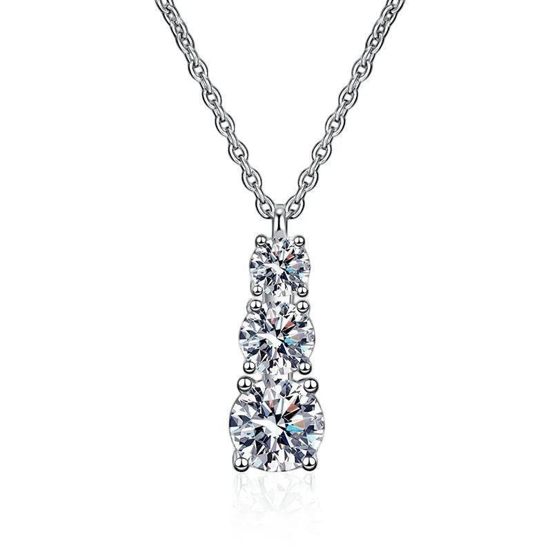 Bee-Bees sterling silver necklace with three round brilliant cut moissanite stones in graduating sizes, D color VVS1 clarity.