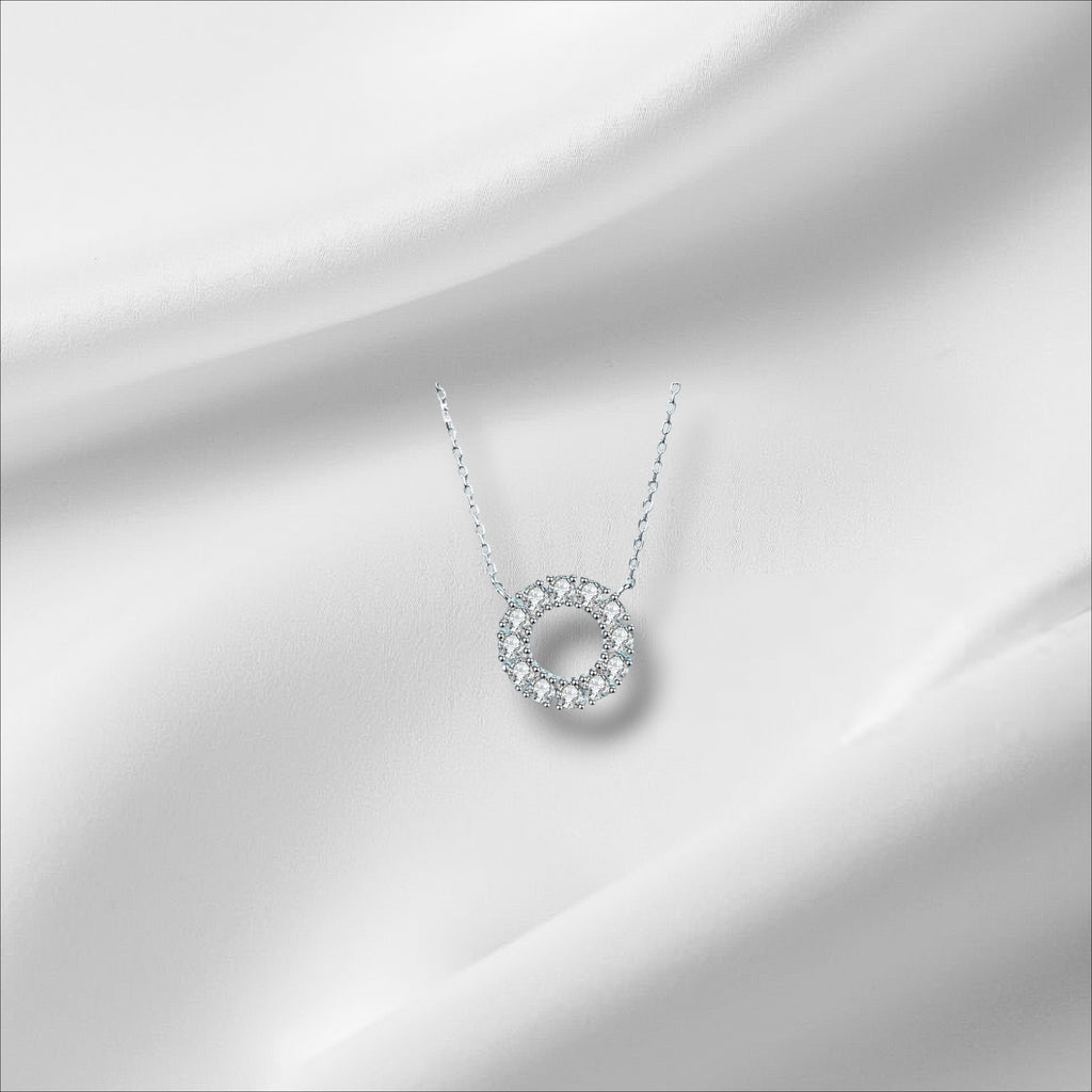 Bee-Bees round moissanite pendant necklace with 18k white gold plated 925 silver, D color VVS1 stones.