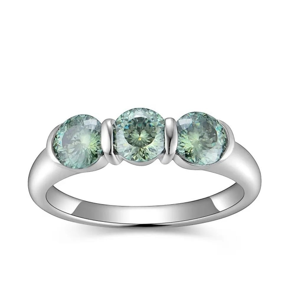 Bee-Bees three round light green moissanite stones set in a silver band, GRA certified.