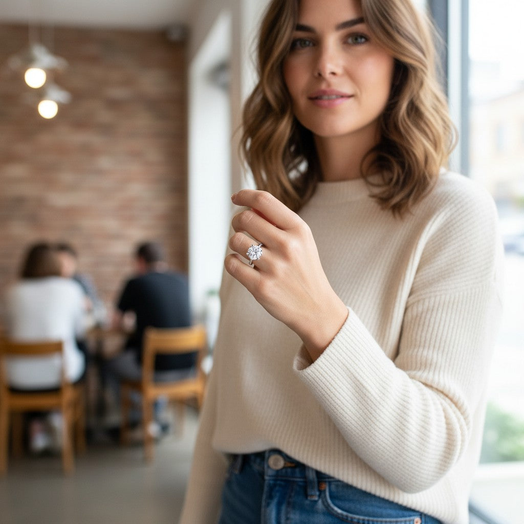 Bee-Bees round moissanite solitaire engagement ring on a woman wearing a cream sweater in a cafe setting.