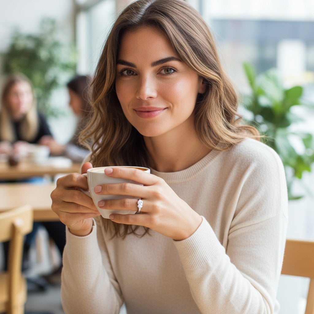 Woman wearing a Bee-Bees 5mm round moissanite solitaire ring in 925 sterling silver while holding a coffee cup