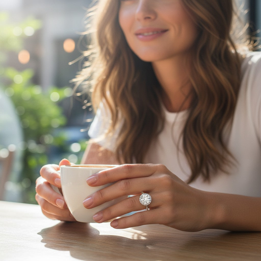 A woman wearing a Bee-Bees 1ct round moissanite solitaire engagement ring in sterling silver while holding a coffee cup.