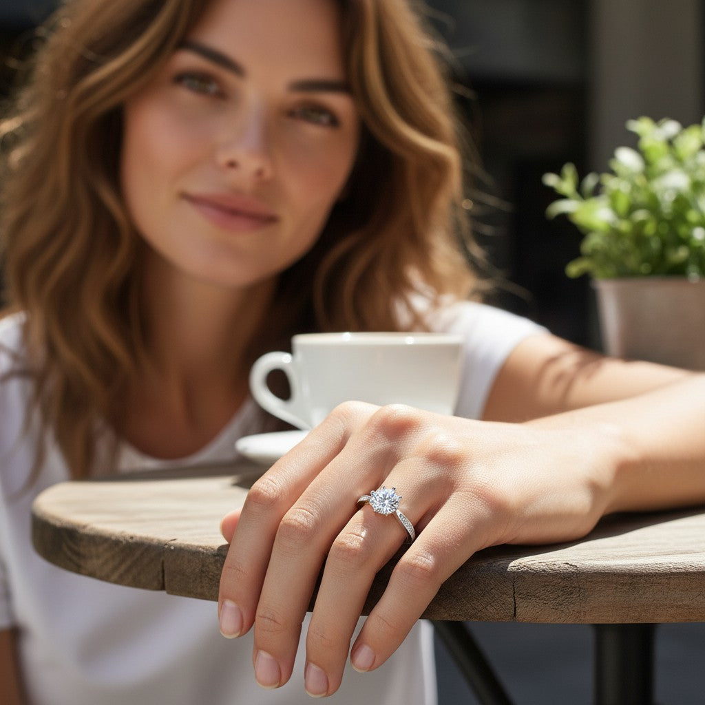 Bee-Bees round moissanite solitaire engagement ring in 925 sterling silver worn by a woman at a cafe table