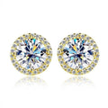 Bee-Bees round moissanite stud earrings with 18k white gold plated S925 silver and halo setting. D Color VVS1 stones.