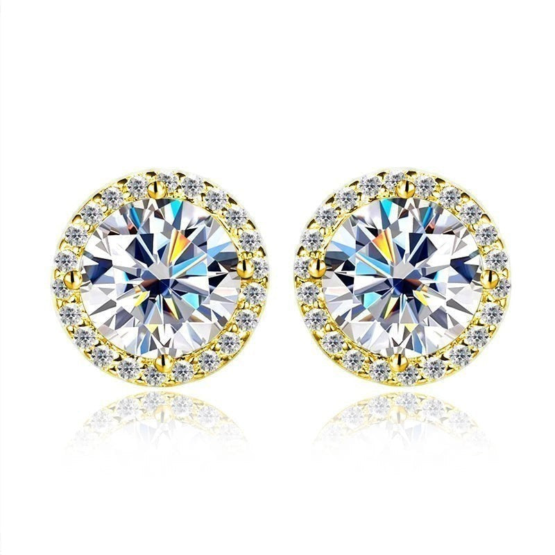 Bee-Bees round moissanite stud earrings with 18k white gold plated S925 silver and halo setting. D Color VVS1 stones.