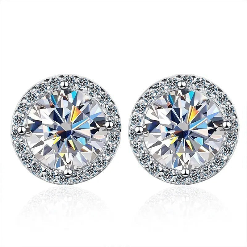 Bee-Bees round moissanite stud earrings with halo setting, 18k white gold plated S925 silver, D color VVS1 clarity.