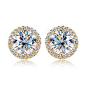 Bee-Bees round moissanite stud earrings with halo setting, 18k white gold plated S925 silver, D Color VVS1 clarity.