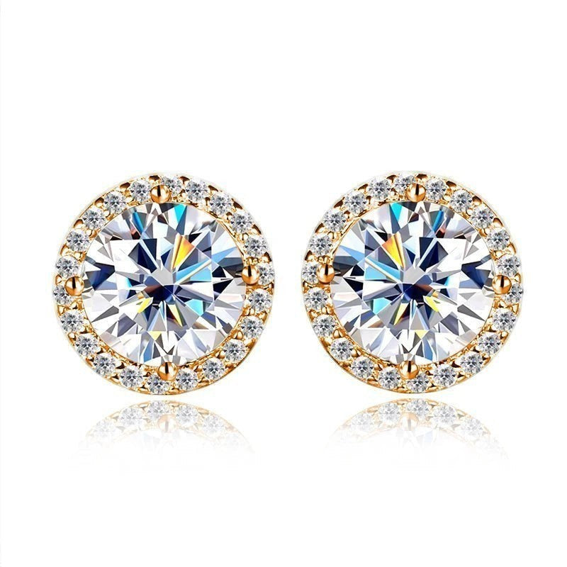 Bee-Bees round moissanite stud earrings with halo setting, 18k white gold plated S925 silver, D Color VVS1 clarity.