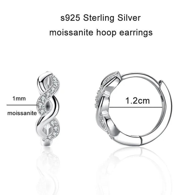 Bee-Bees S925 sterling silver hoop earrings with 1.2cm diameter, featuring 1mm moissanite stones in a twisted design.