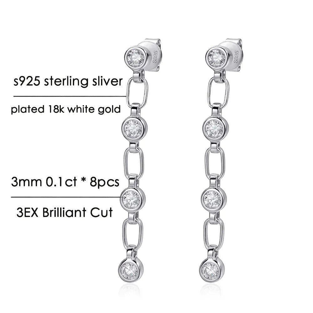 Bee-Bee's S925 silver chain tassel earrings with 3mm moissanite stones, 18k white gold plated.