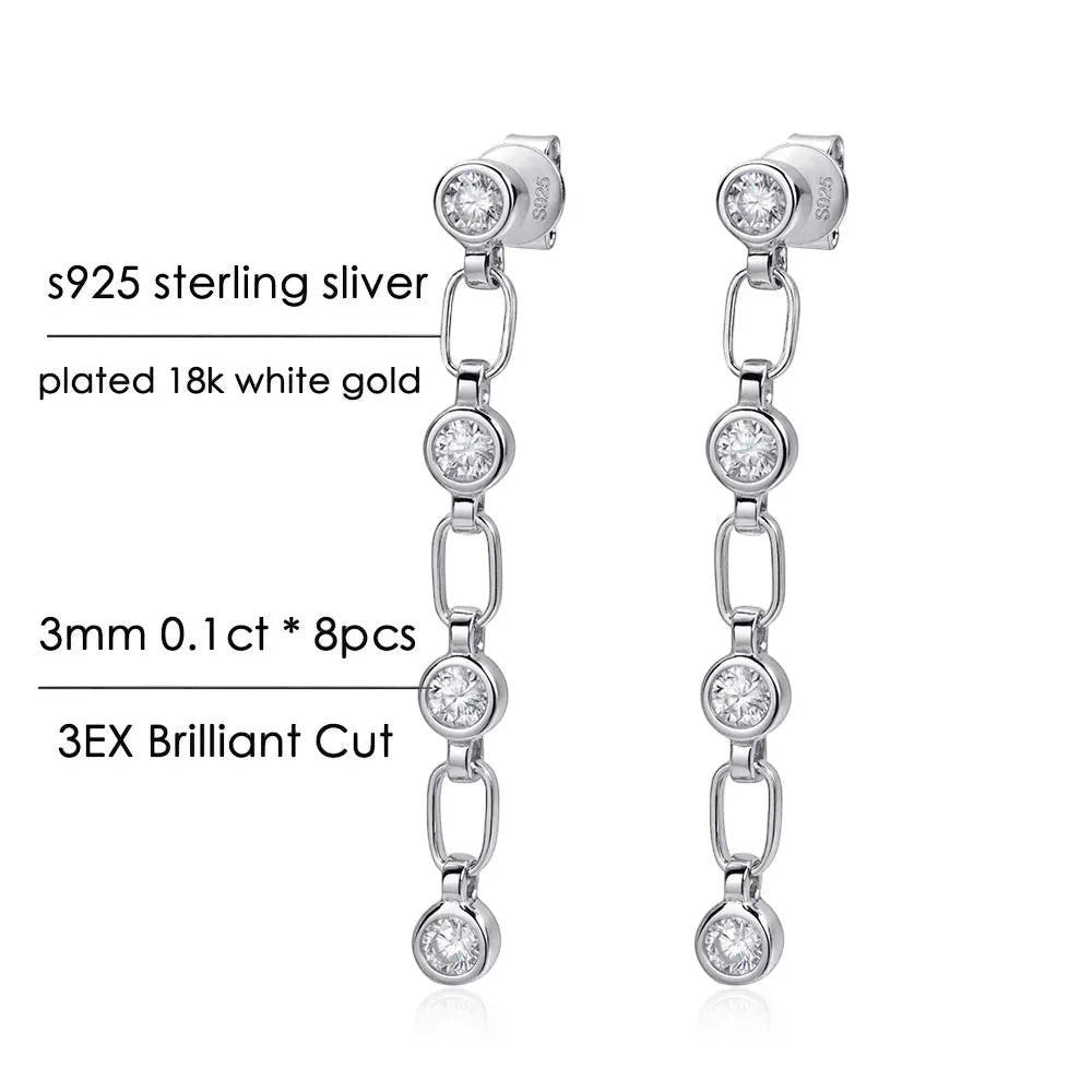 Bee-Bee's S925 silver chain tassel earrings with 3mm moissanite stones, 18k white gold plated.
