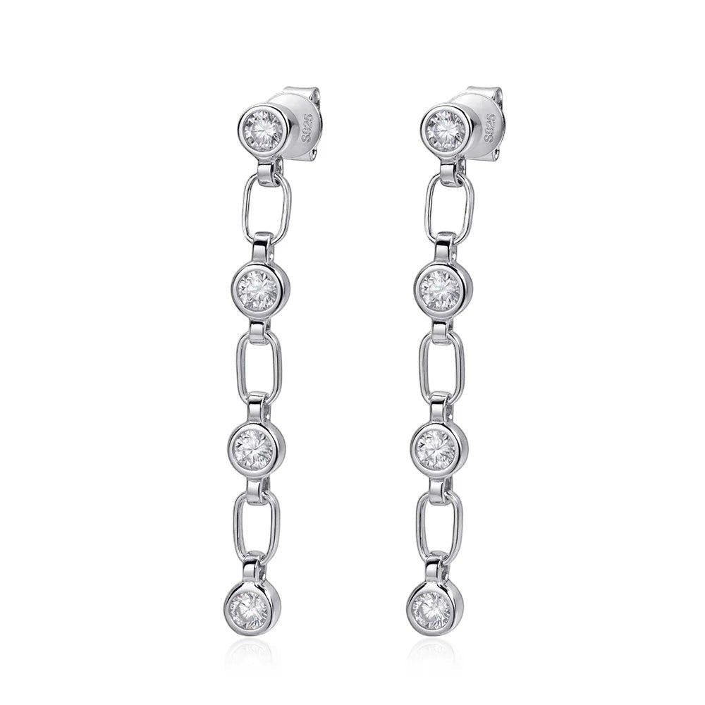 Bee-Bee's S925 silver chain tassel earrings with 3mm moissanite stones, D color, VVS1 clarity.