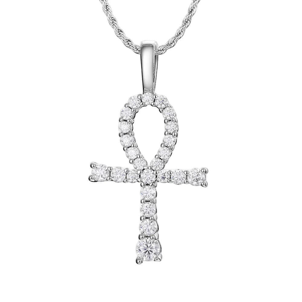 Bee-Bees silver ankh pendant necklace with D Color VVS1 moissanite stones and rope chain.
