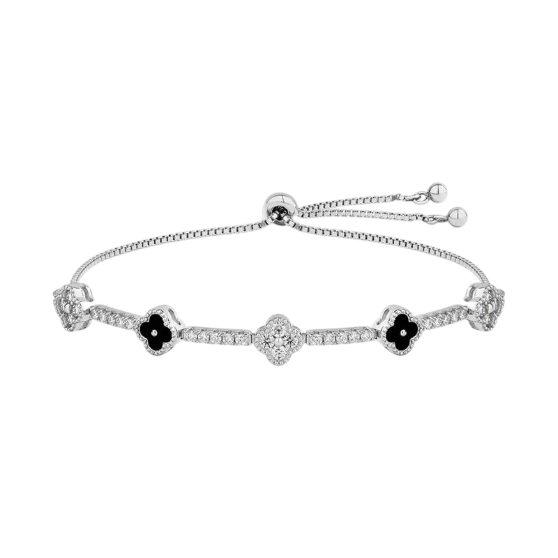 Bee-Bees flower charm tennis bracelet in 925 sterling silver with moissanite stones and black floral accents