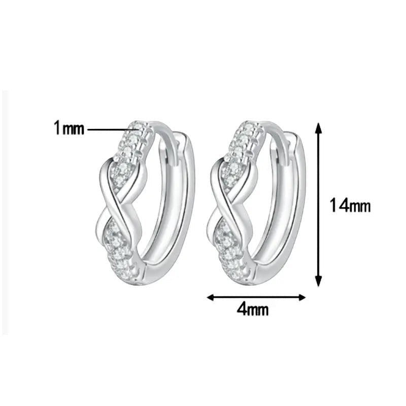 Bee-Bee's silver infinity hoop earrings with 3mm moissanite stones, 14mm diameter, 4mm width, secure latch back.