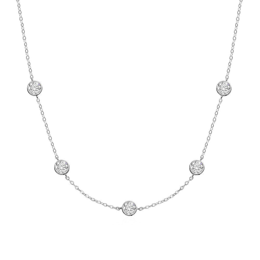 Bee-Bees silver 925 necklace with five round brilliant cut moissanite stones spaced along a delicate chain.