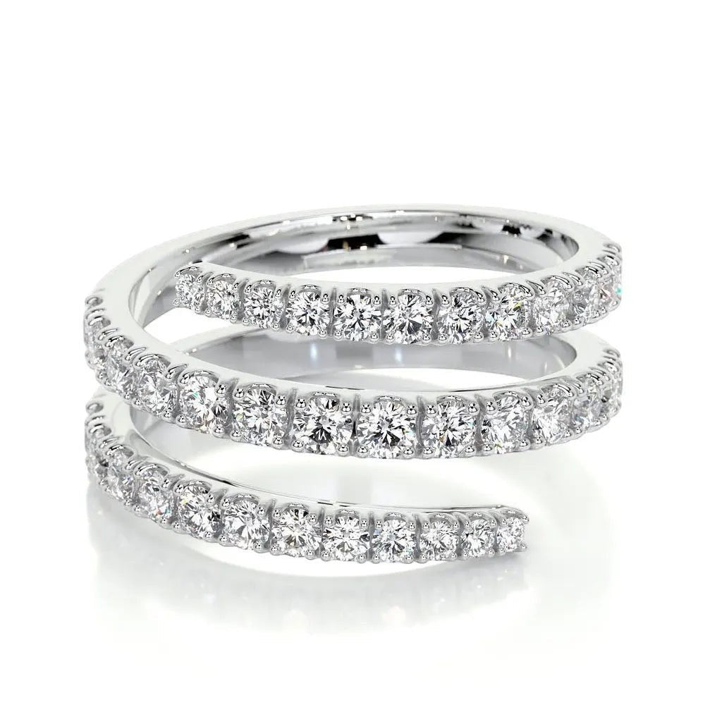 Bee-Bee's Sterling silver spiral eternity band with D VVS1 moissanite stones. Unique flowing design.