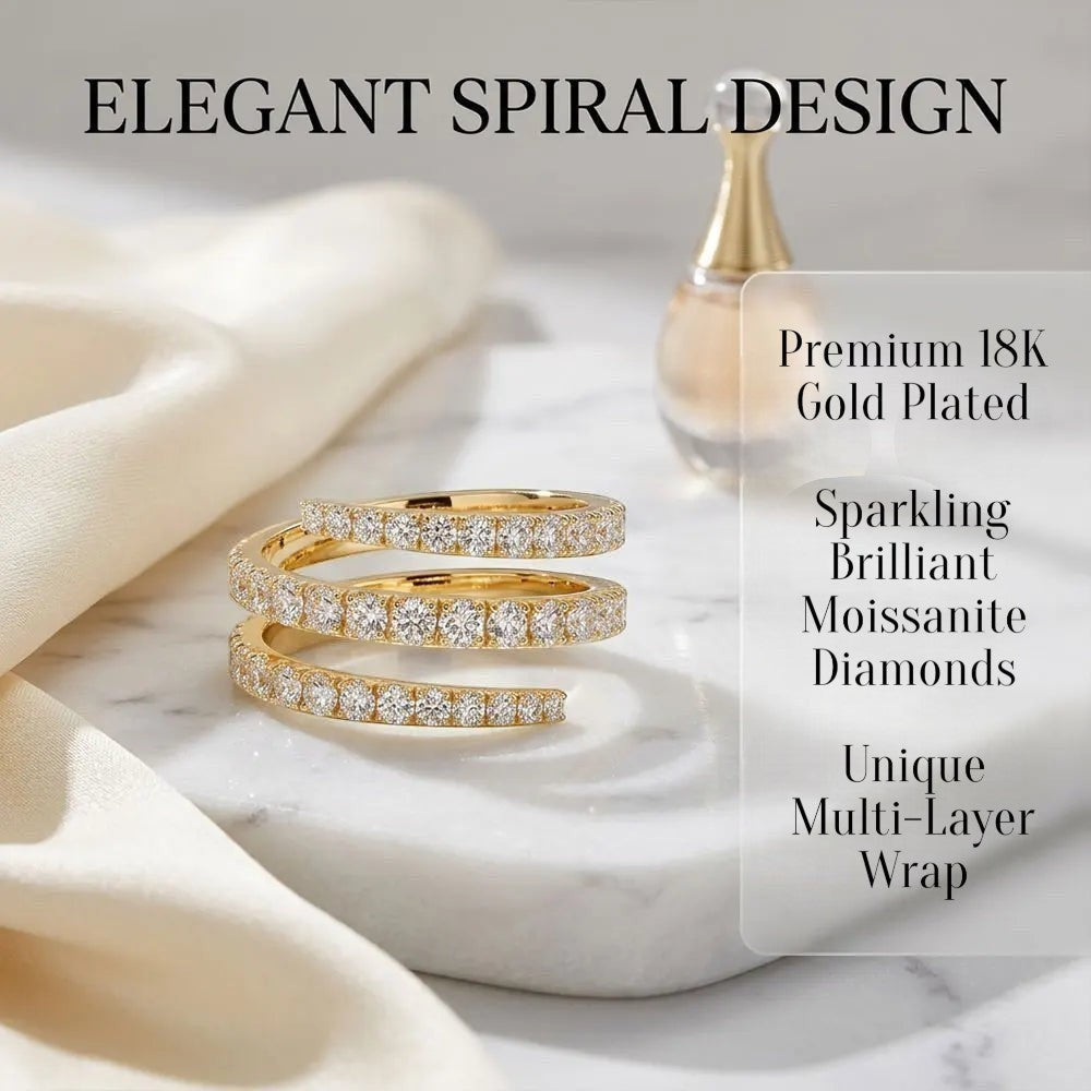 Bee-Bee's elegant spiral eternity band in sterling silver with gold plating and sparkling moissanite stones.