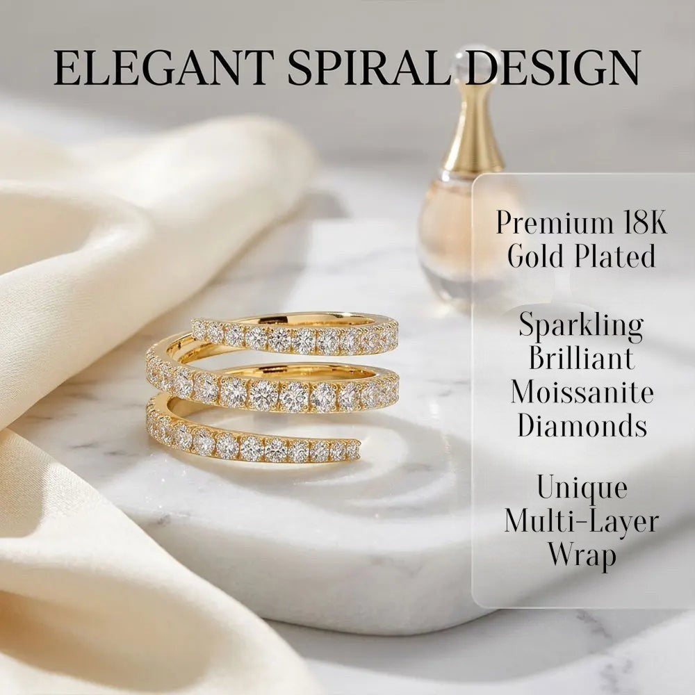 Bee-Bee's elegant spiral eternity band in sterling silver with gold plating and sparkling moissanite stones.