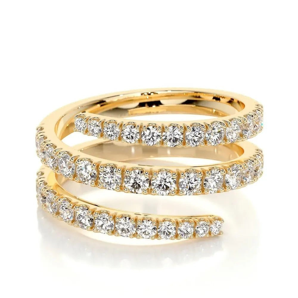 Bee-Bee's yellow gold plated sterling silver spiral eternity band with round brilliant moissanite stones.