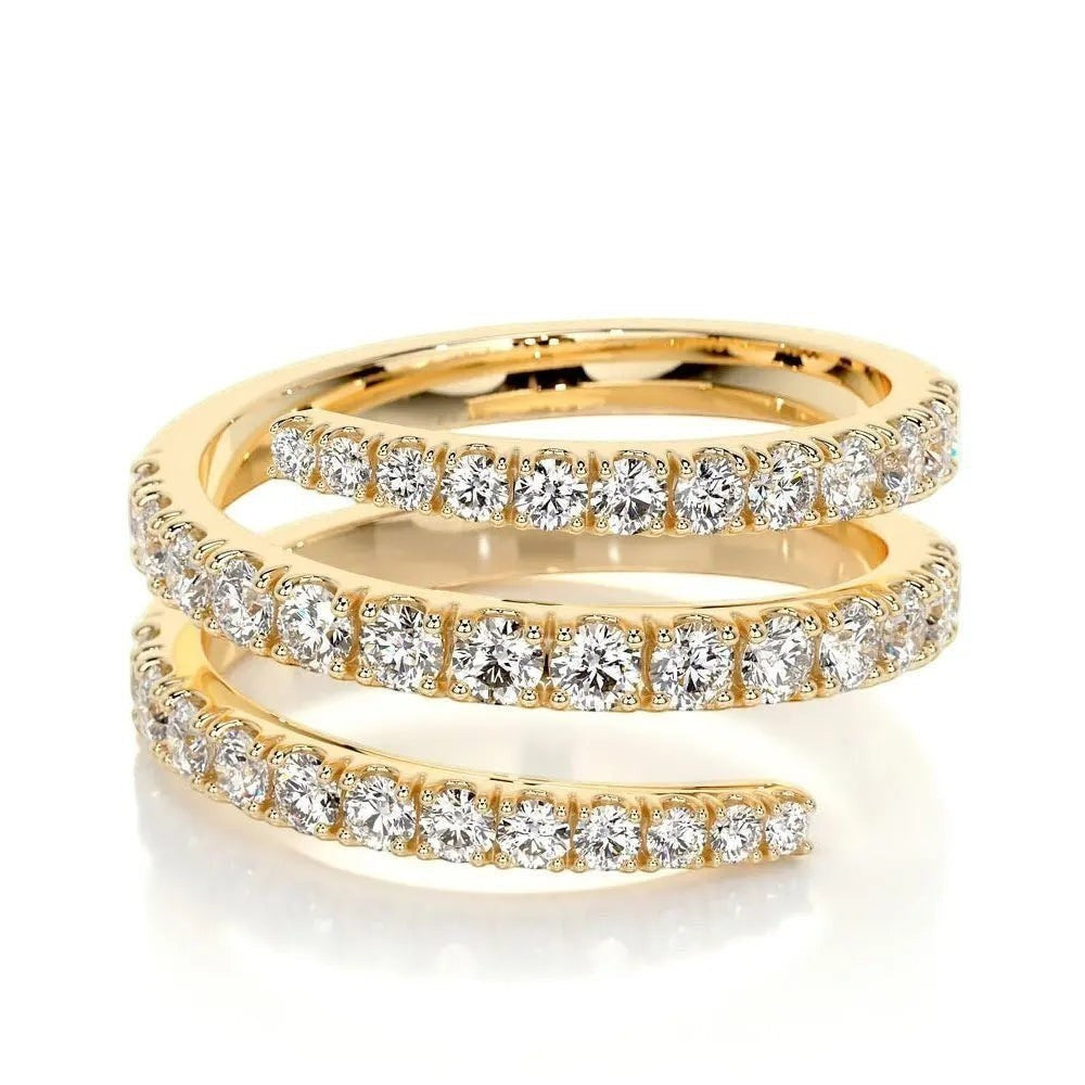 Bee-Bee's yellow gold plated sterling silver spiral eternity band with round brilliant moissanite stones.