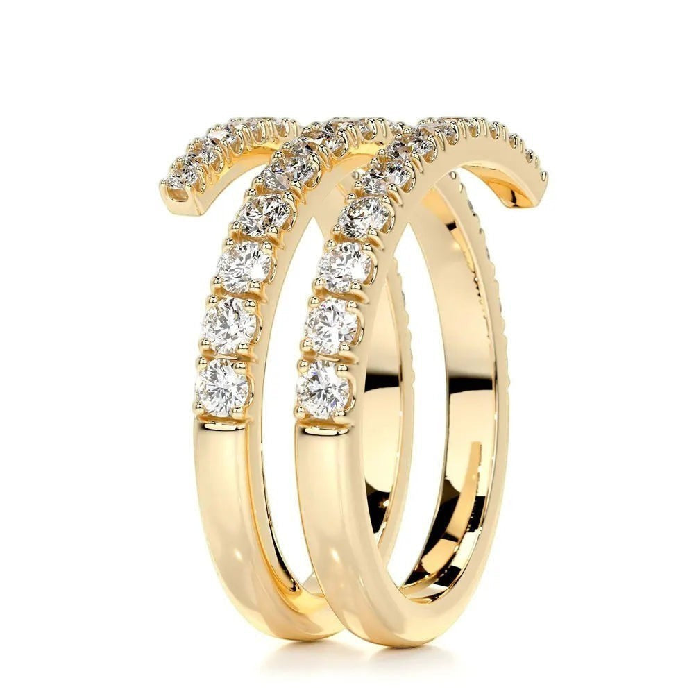 Bee-Bee's yellow gold plated sterling silver spiral eternity band with round brilliant cut moissanite stones.