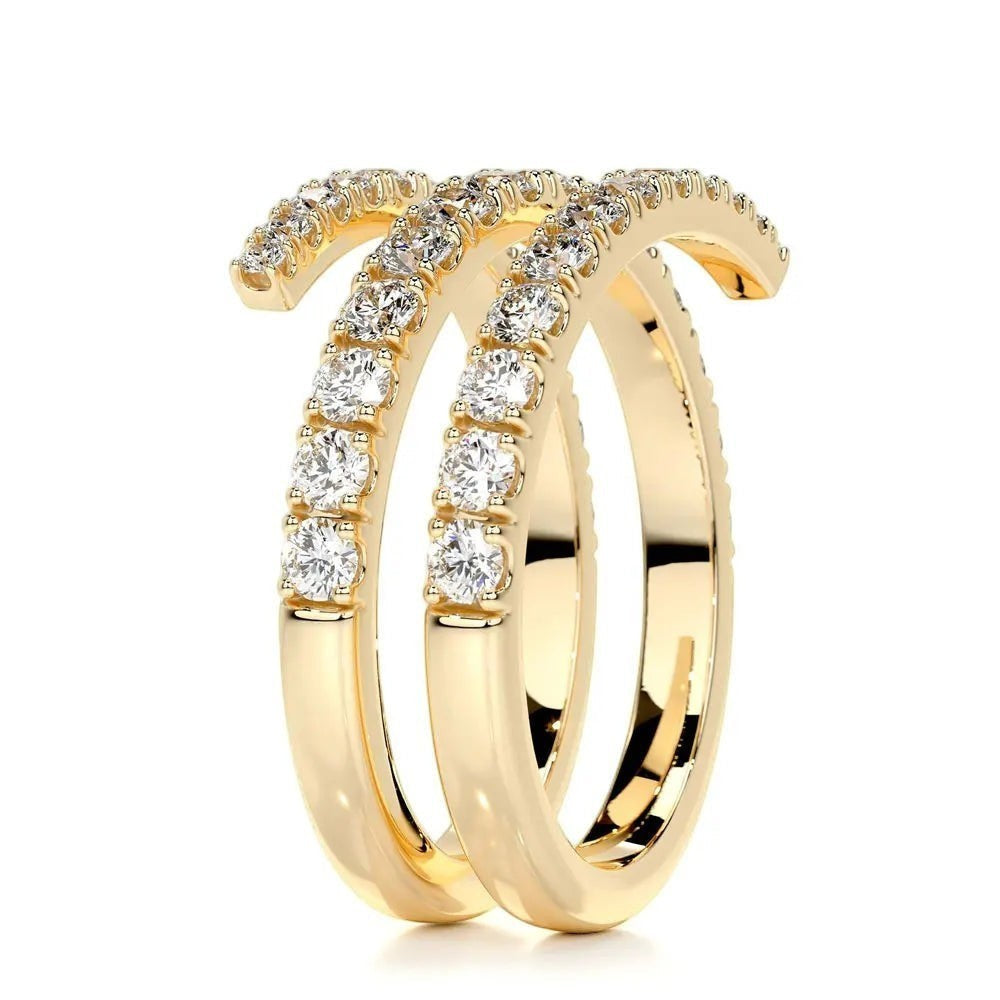 Bee-Bee's yellow gold plated sterling silver spiral eternity band with round brilliant cut moissanite stones.