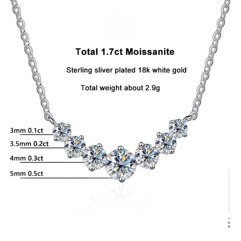 Bee-Bee's sterling silver necklace with 1.7ct total moissanite stones, plated in 18K white gold. Features a delicate chain with graduated round-cut stones.