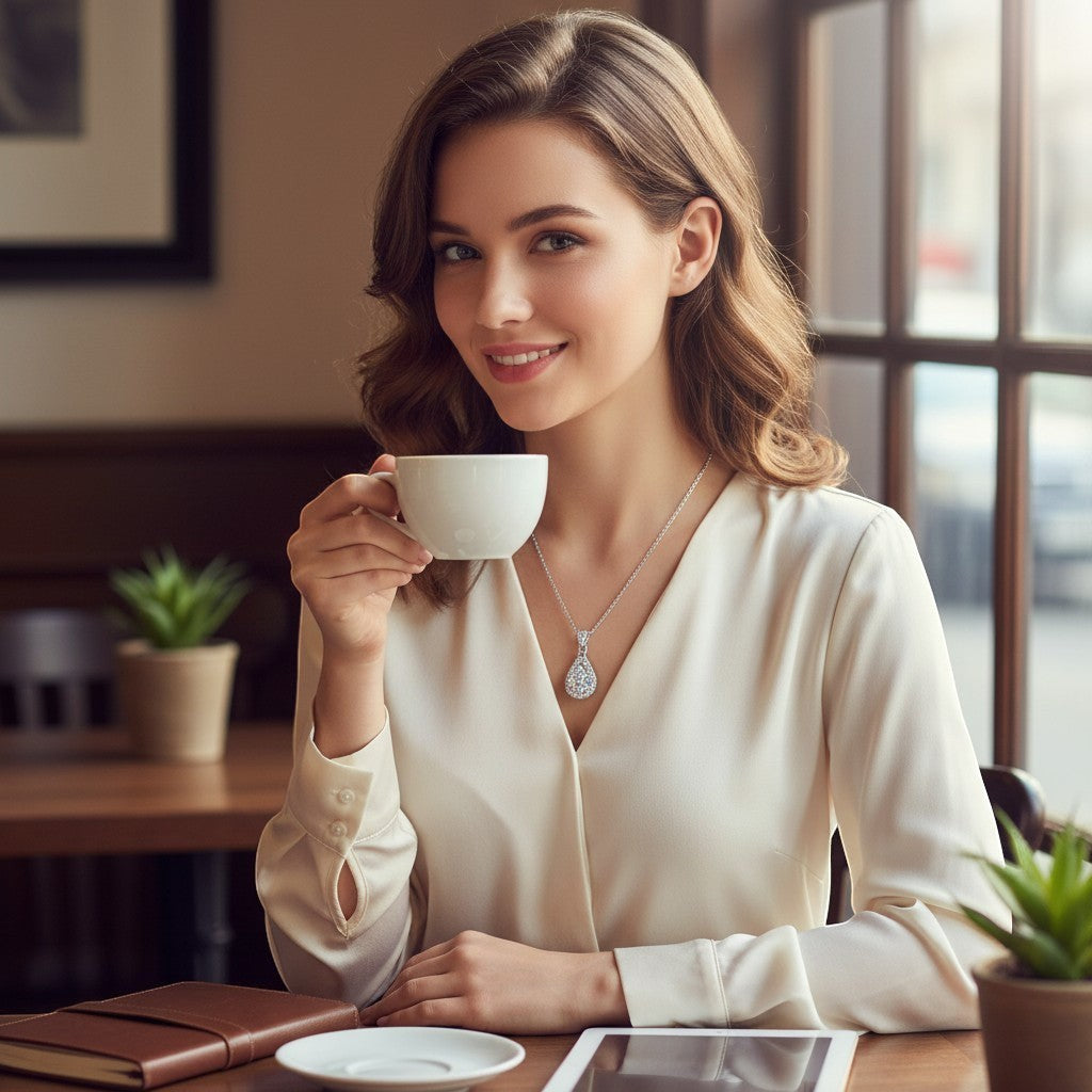 Bee-Bees teardrop pendant necklace with D Color VVS1 moissanite in 925 sterling silver, worn by a woman drinking coffee.