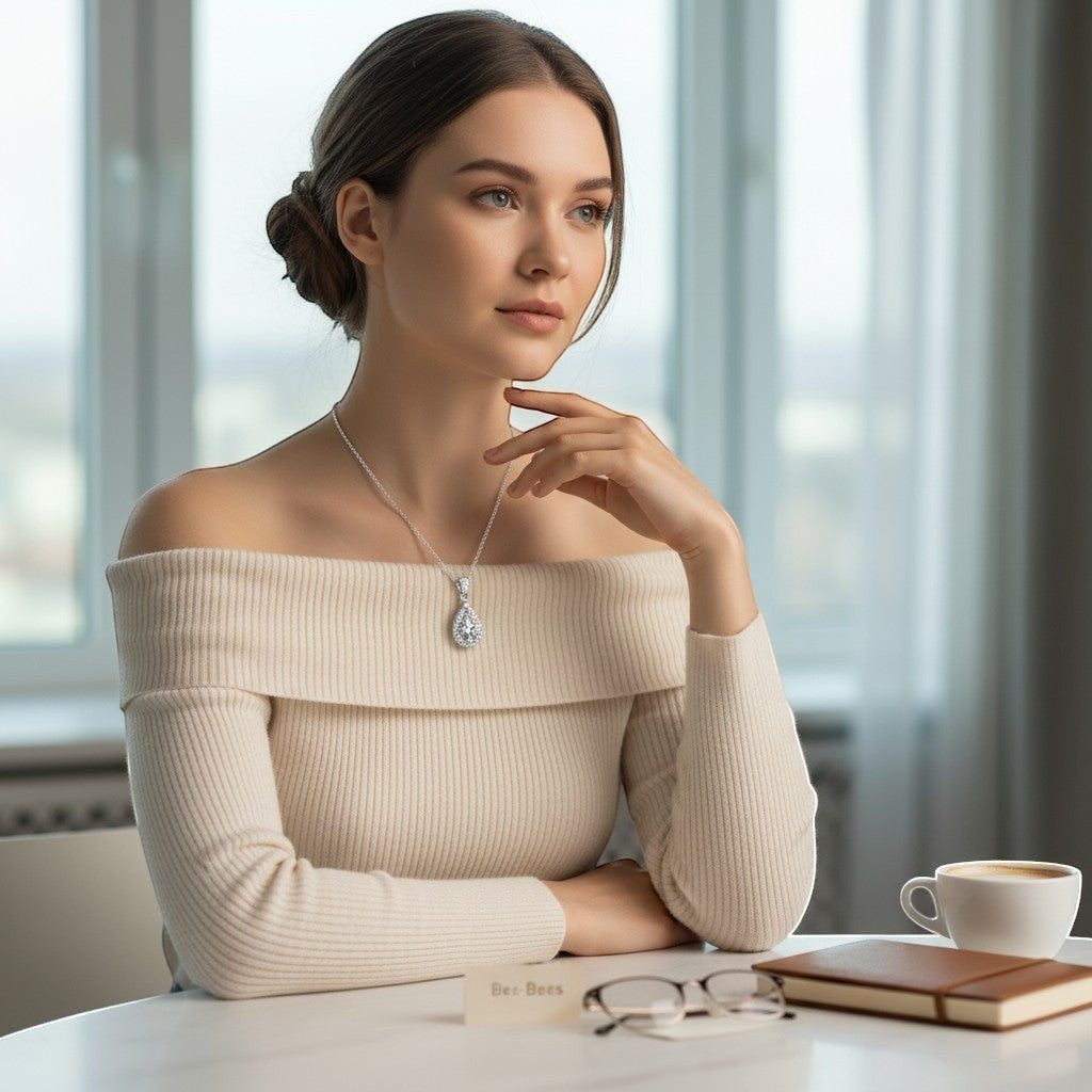 Bee-Bees teardrop moissanite pendant necklace in sterling silver with D Color VVS1 stone, worn by a model.