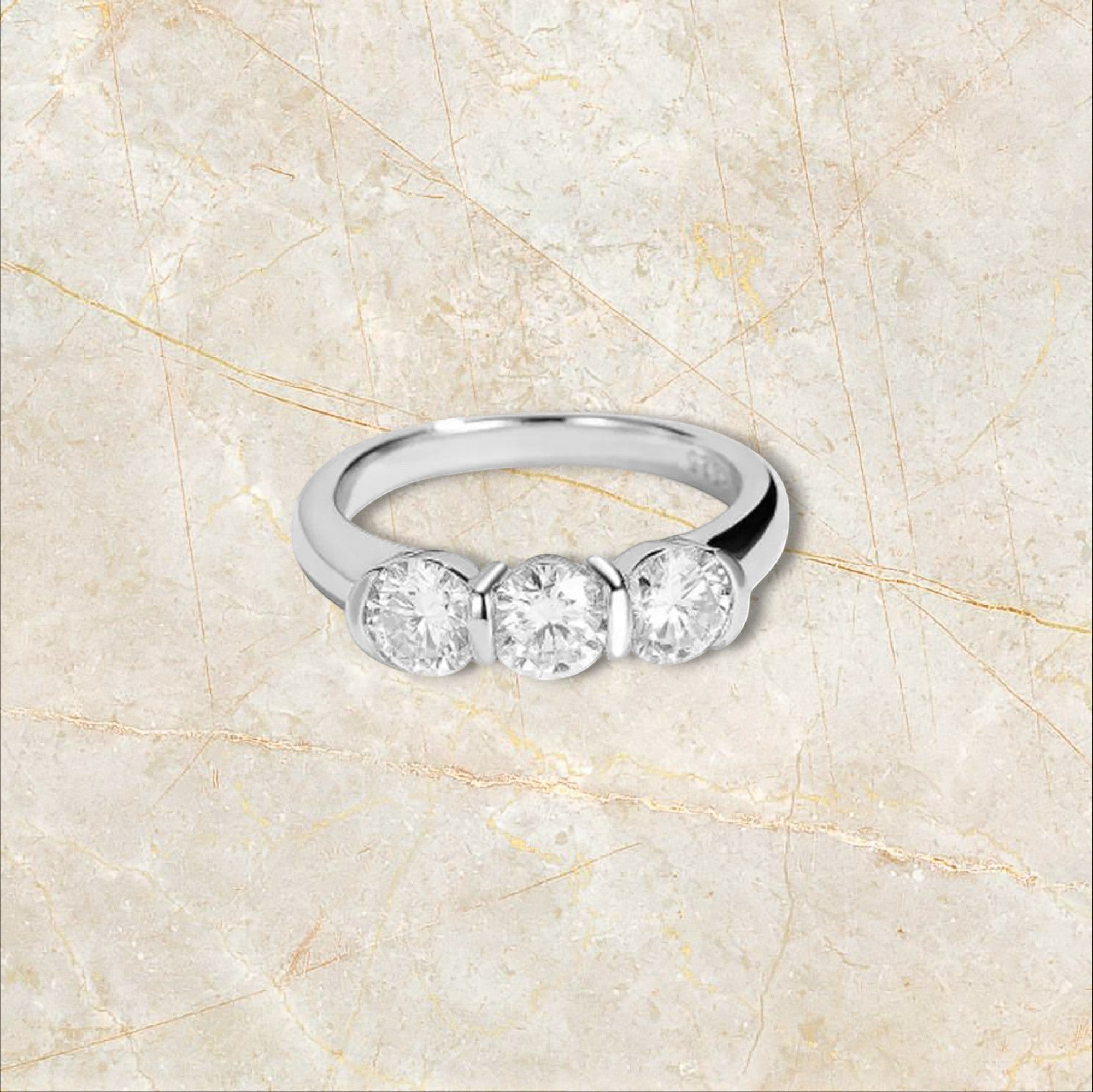 Bee-Bees sterling silver ring with three round moissanite stones, 18k white gold plated, GRA certified.