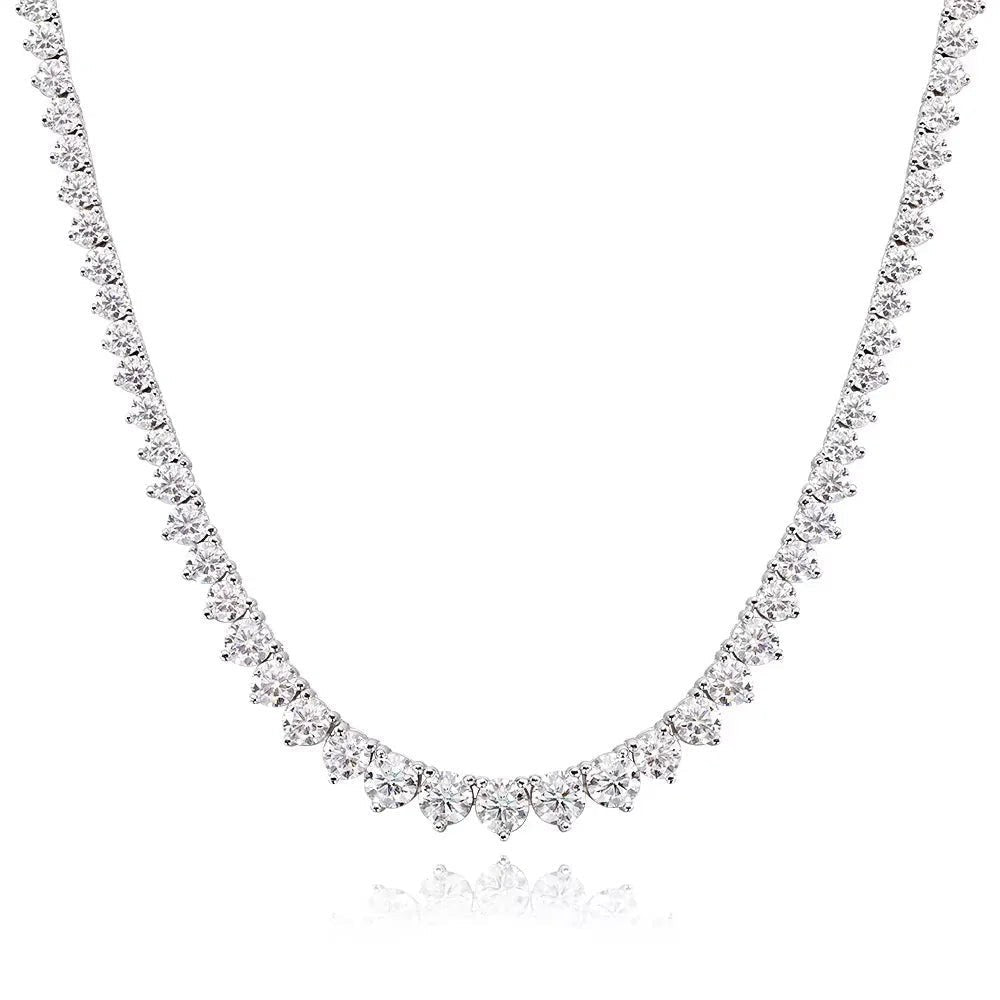 Bee-Bee's 18k white gold plated silver triple-claw moissanite tennis necklace with round cut stones.