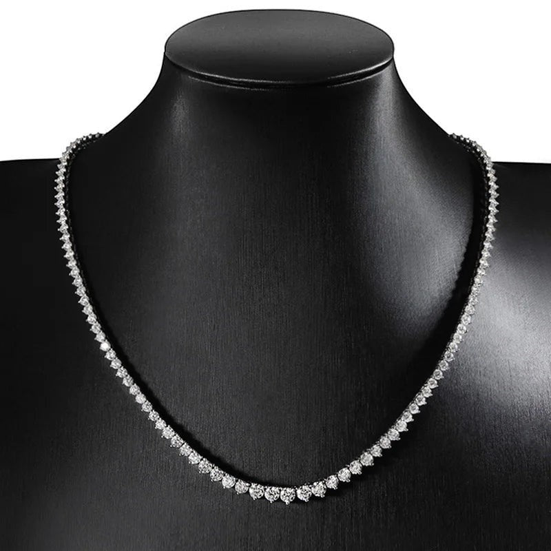 Bee-Bee's 18k white gold plated silver triple-claw tennis necklace with round moissanite stones.