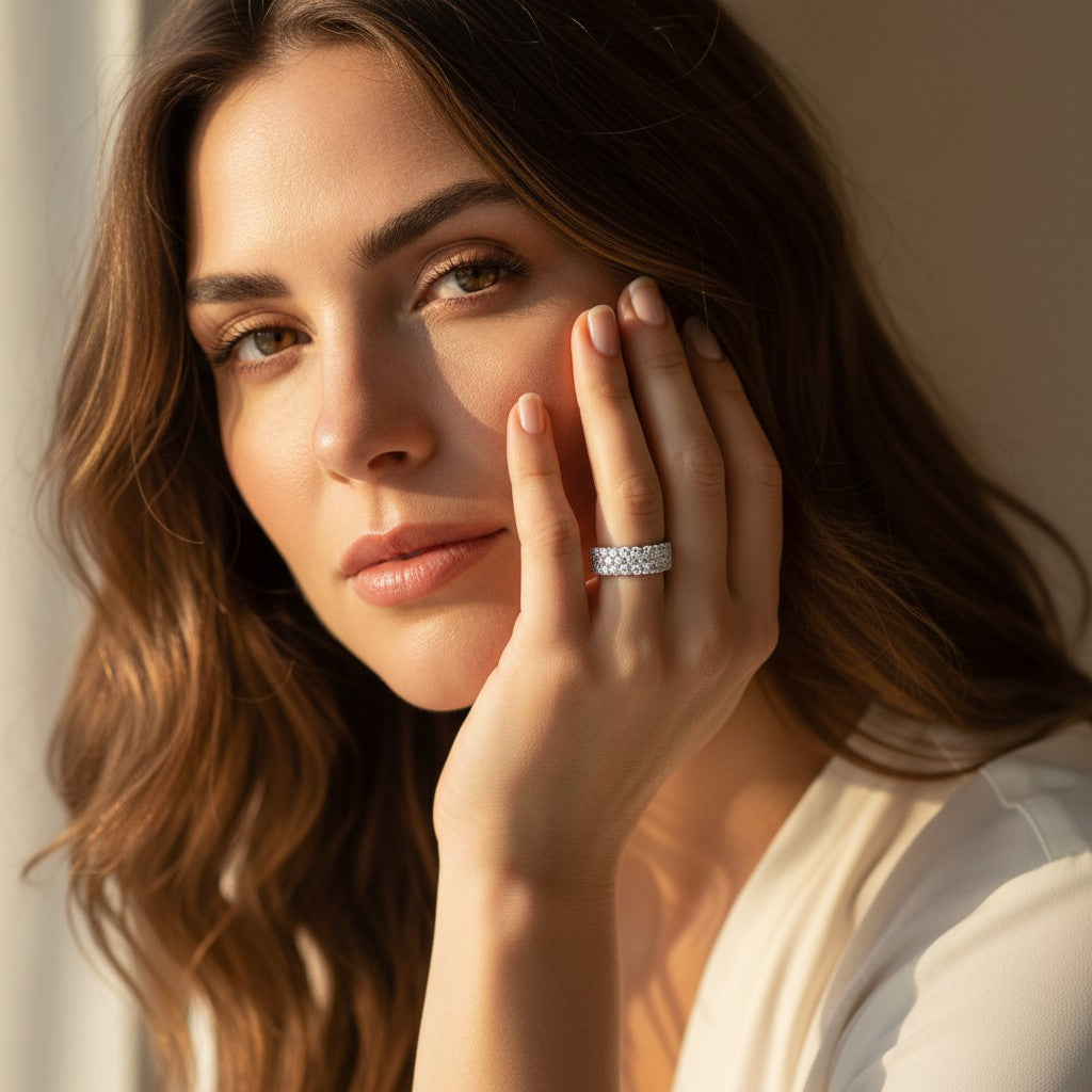 Bee-Bees triple row moissanite half eternity band in 18k white gold plated sterling silver worn by a woman