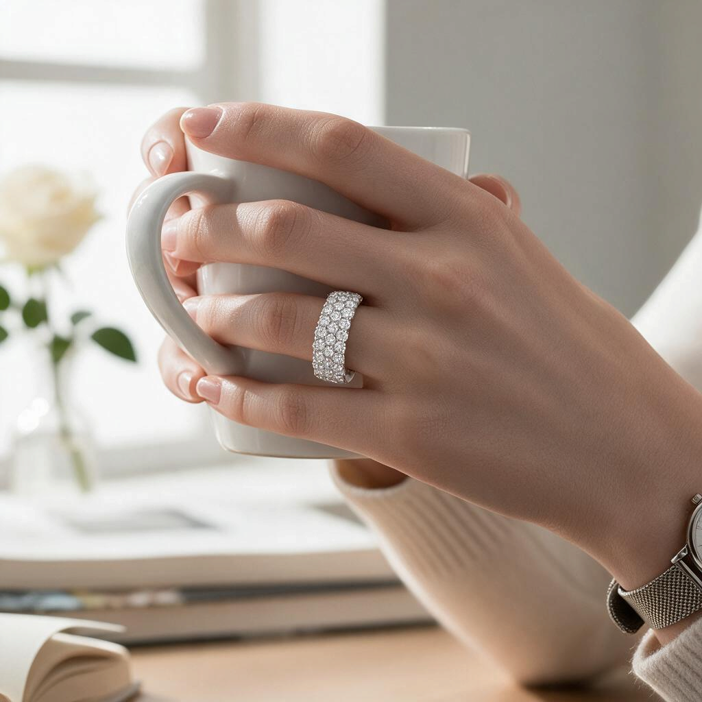 Bee-Bees triple row D-Color VVS1 moissanite half eternity band in 18k white gold plated sterling silver on a woman's hand.